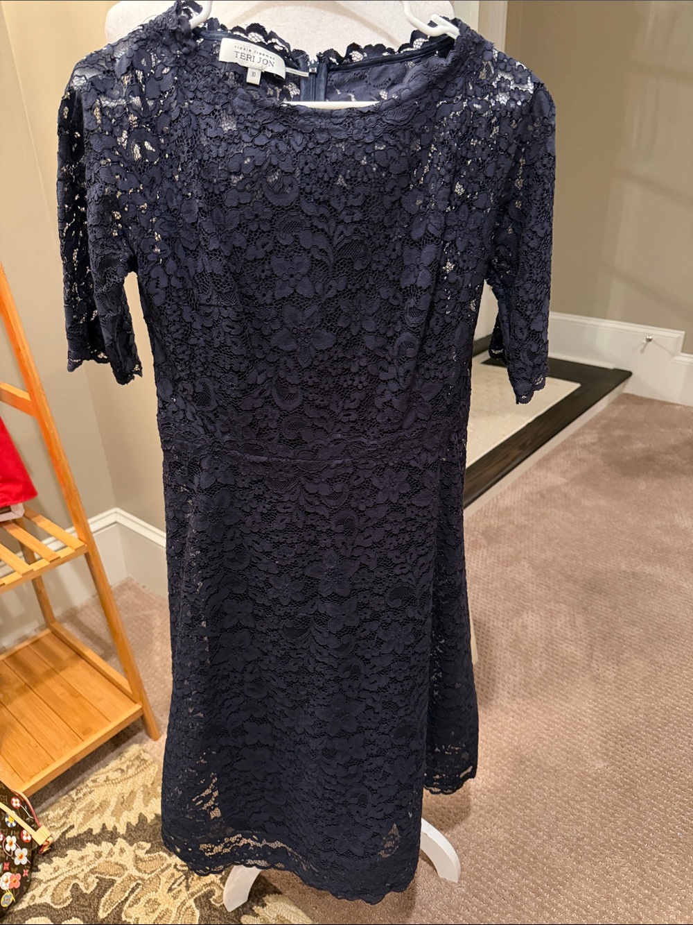 Teri Jon Rickie Freeman Navy Floral Lace Midi Dress perfect for a wedding